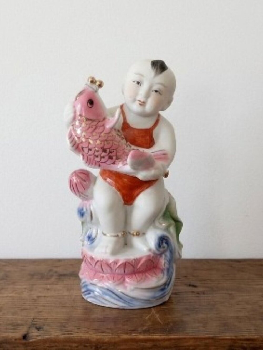 Vintage Chinese Porcelain Bisque Figurine 10” Boy Child with Koi Fish Carp MCM